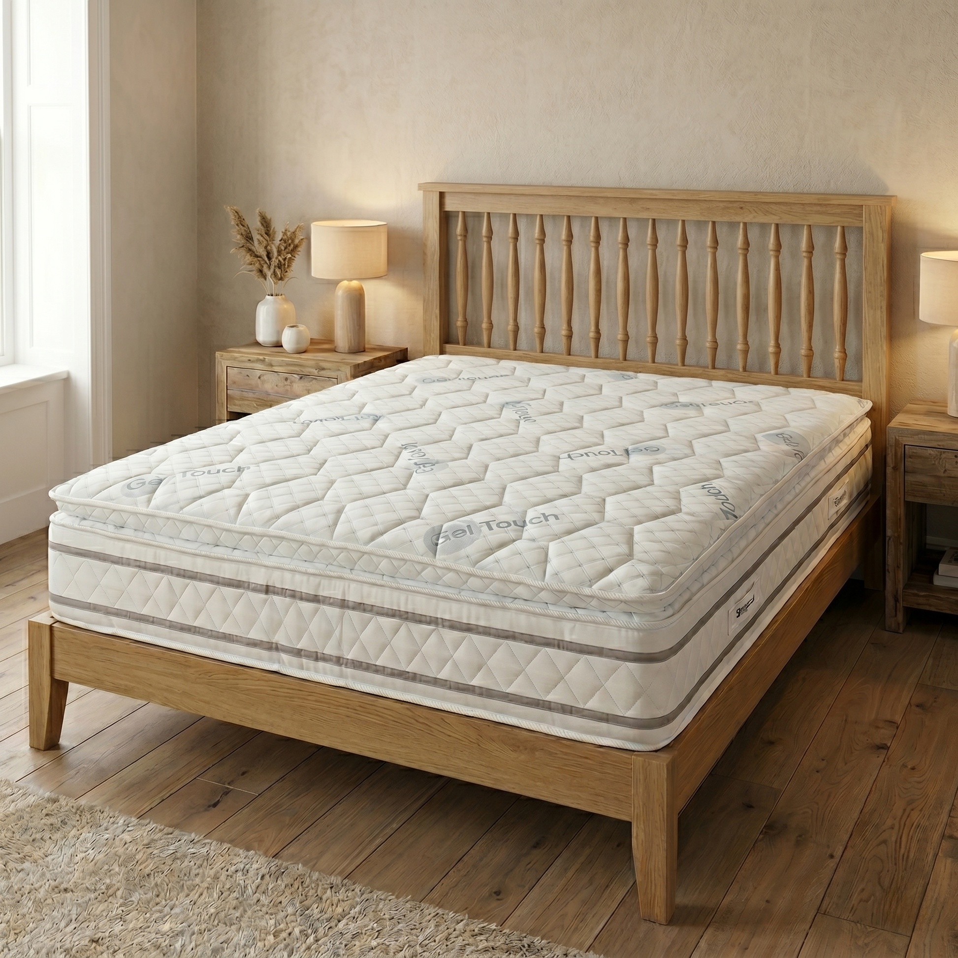 Bed room of the 'SensaGel' branding and label, signifying the innovative temperature-regulating technology used in the 3000 pocket spring system.