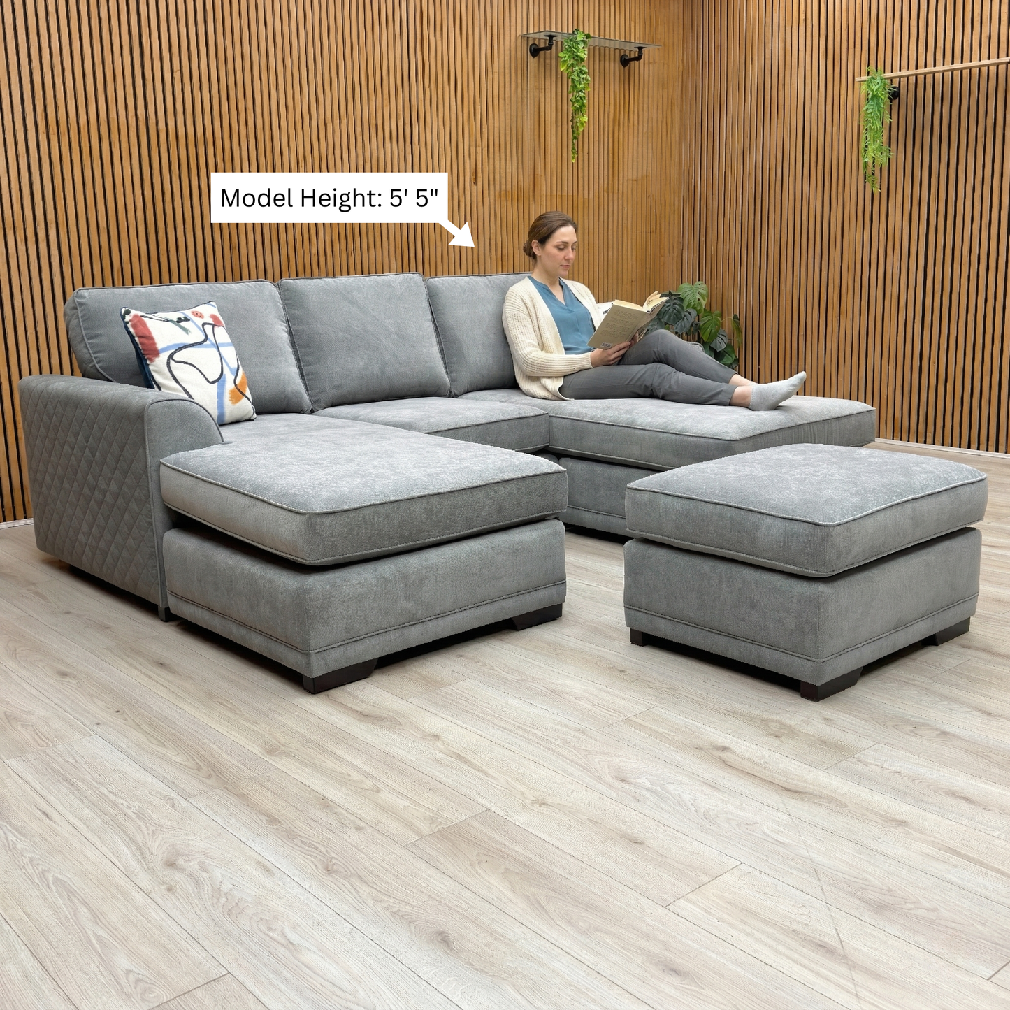 ‘Orka' Graphite Grey Plaza Linen Fabric Quilted Arm Double Ended Chaise Sofa + Small Footstool