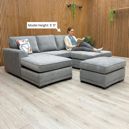 ‘Orka' Graphite Grey Plaza Linen Fabric Quilted Arm Double Ended Chaise Sofa + Small Footstool