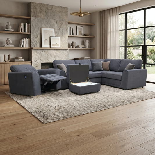 ‘Orka’ Black Plaza Linen Non Quilted Power Recliner Armchair + Large Storage Footstool