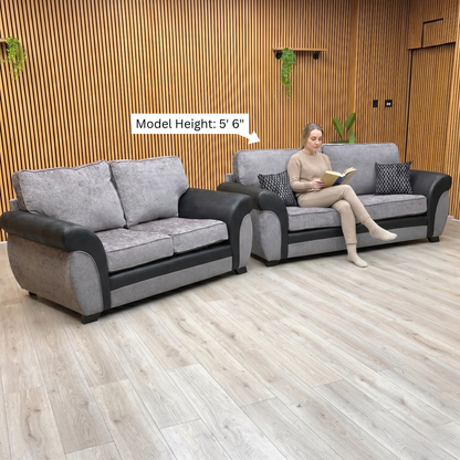 'Narva' Grey Fabric and Faux Leather Combination Standard Back 3 Seater + 2 Seater Sofa Set