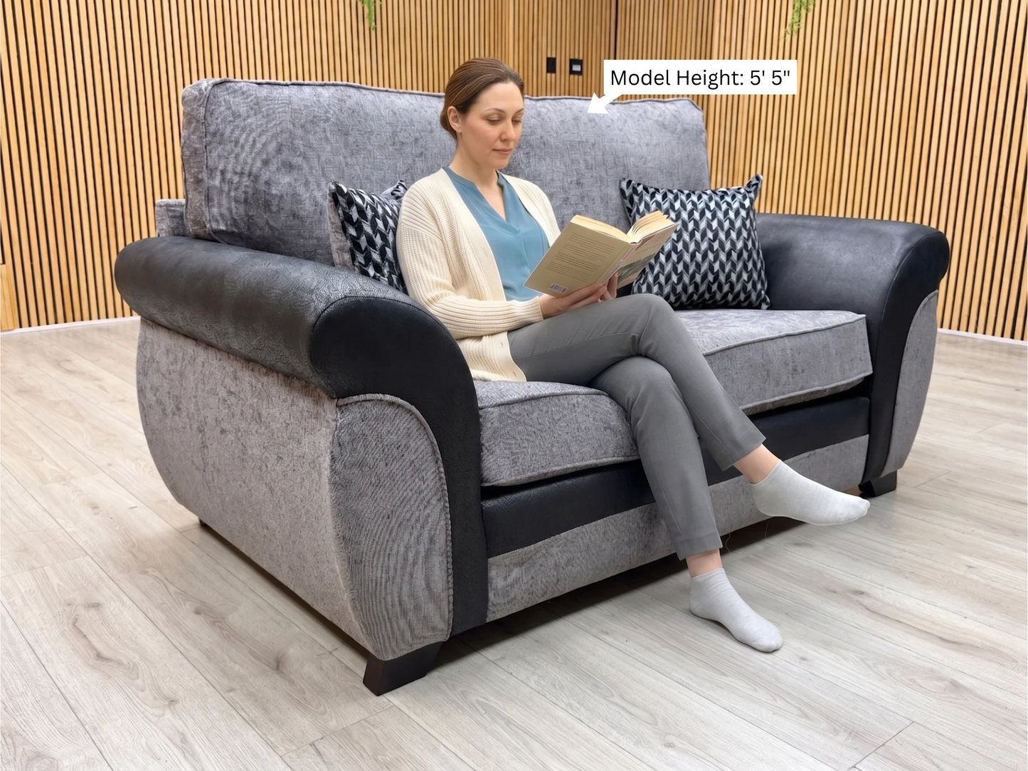 'Narva' Grey Fabric and Faux Leather Combination 2 Seater Sofa
