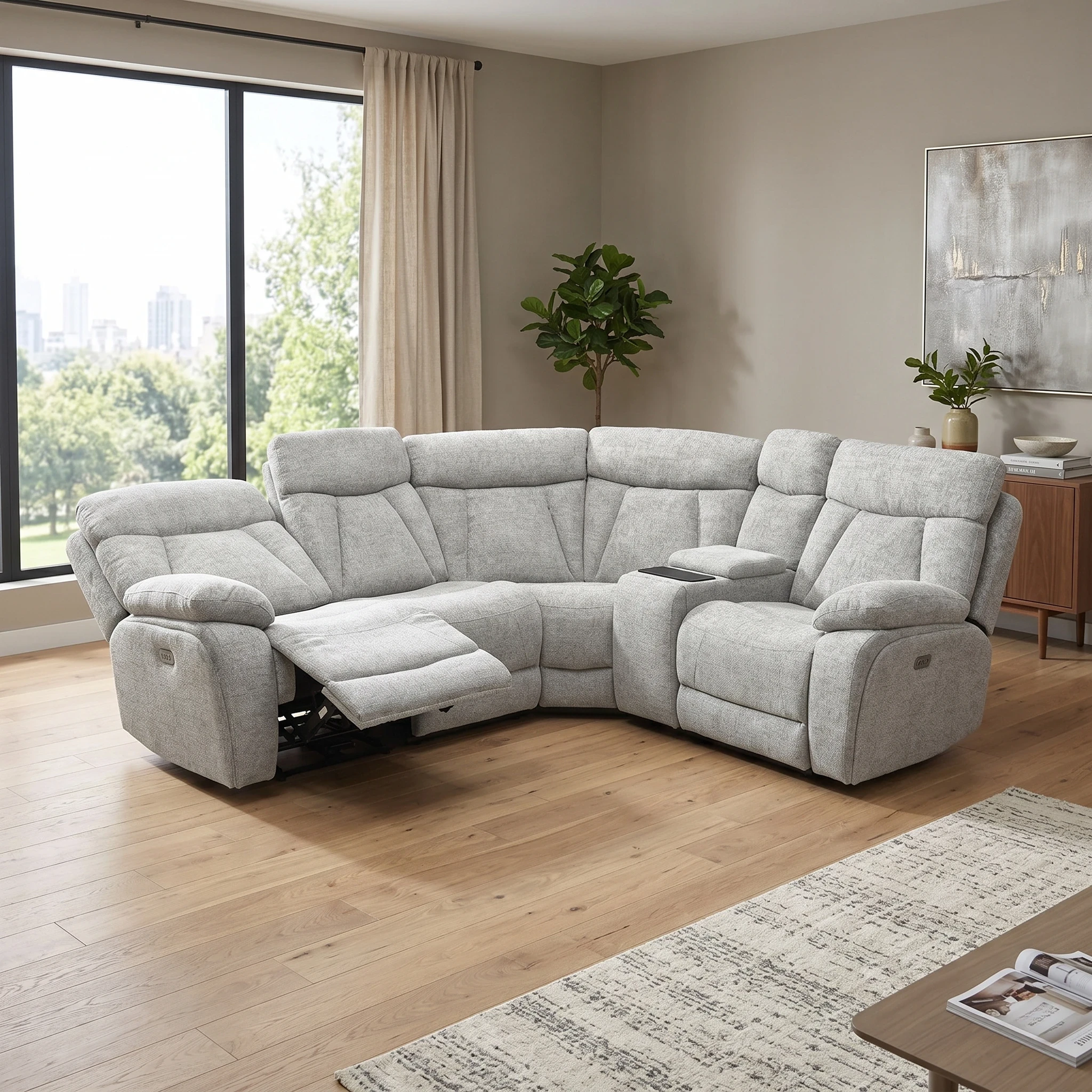 ‘Venice’ Biscuit Fabric Power Recliner Corner Sofa with Smart Tech Console Unit - product photo 2