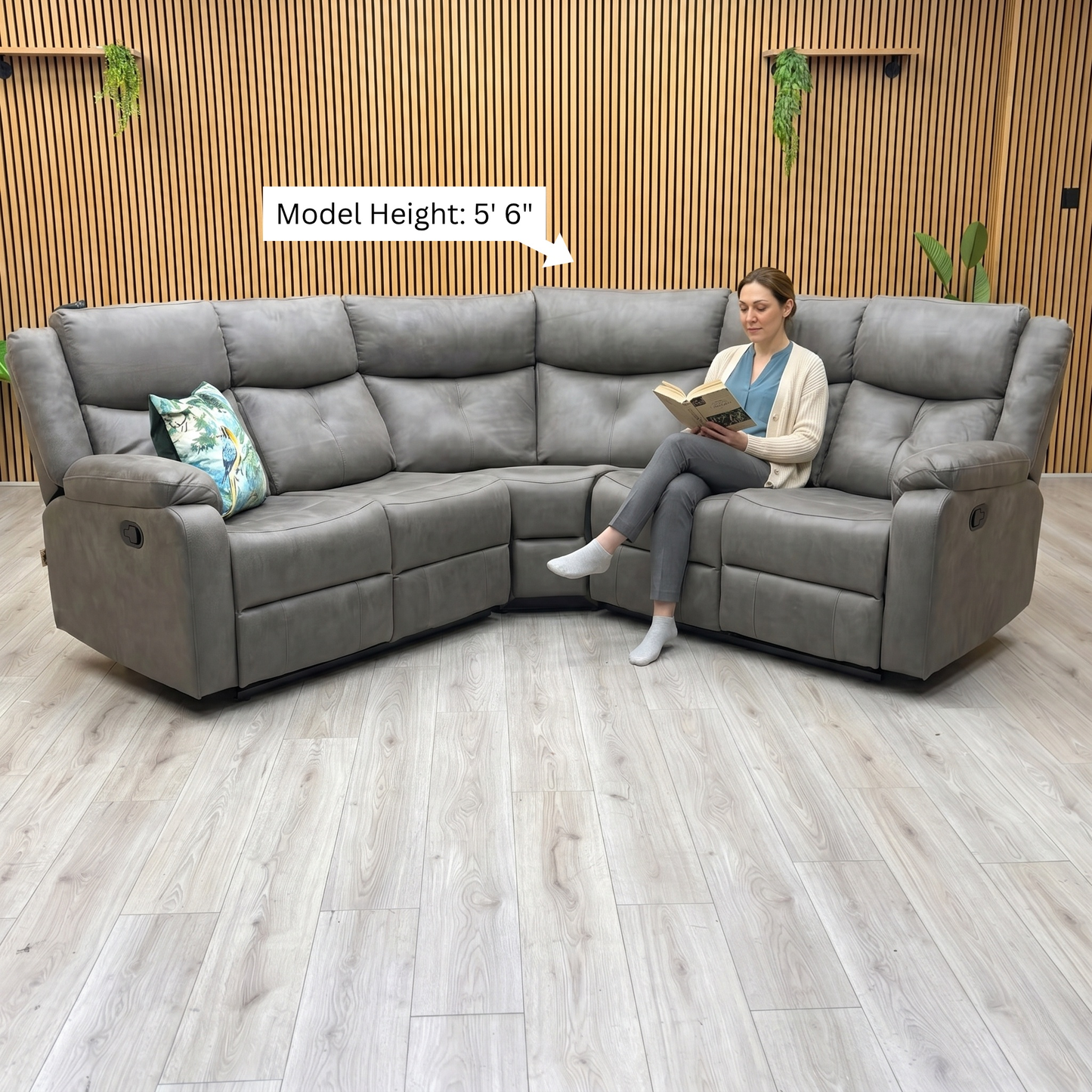 'Roma' Steel Suede Fabric Manual Recliner Corner Sofa With Drop Down Cup Holders and Wireless Charging