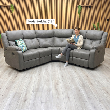 'Roma' Steel Suede Fabric Manual Recliner Corner Sofa With Drop Down Cup Holders and Wireless Charging