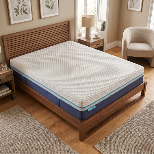 Bedroom view for the Simba Luxe Hybrid, highlighting the 10 layers of comfort, including 5,700 pocket springs and a breathable bamboo wool layer.