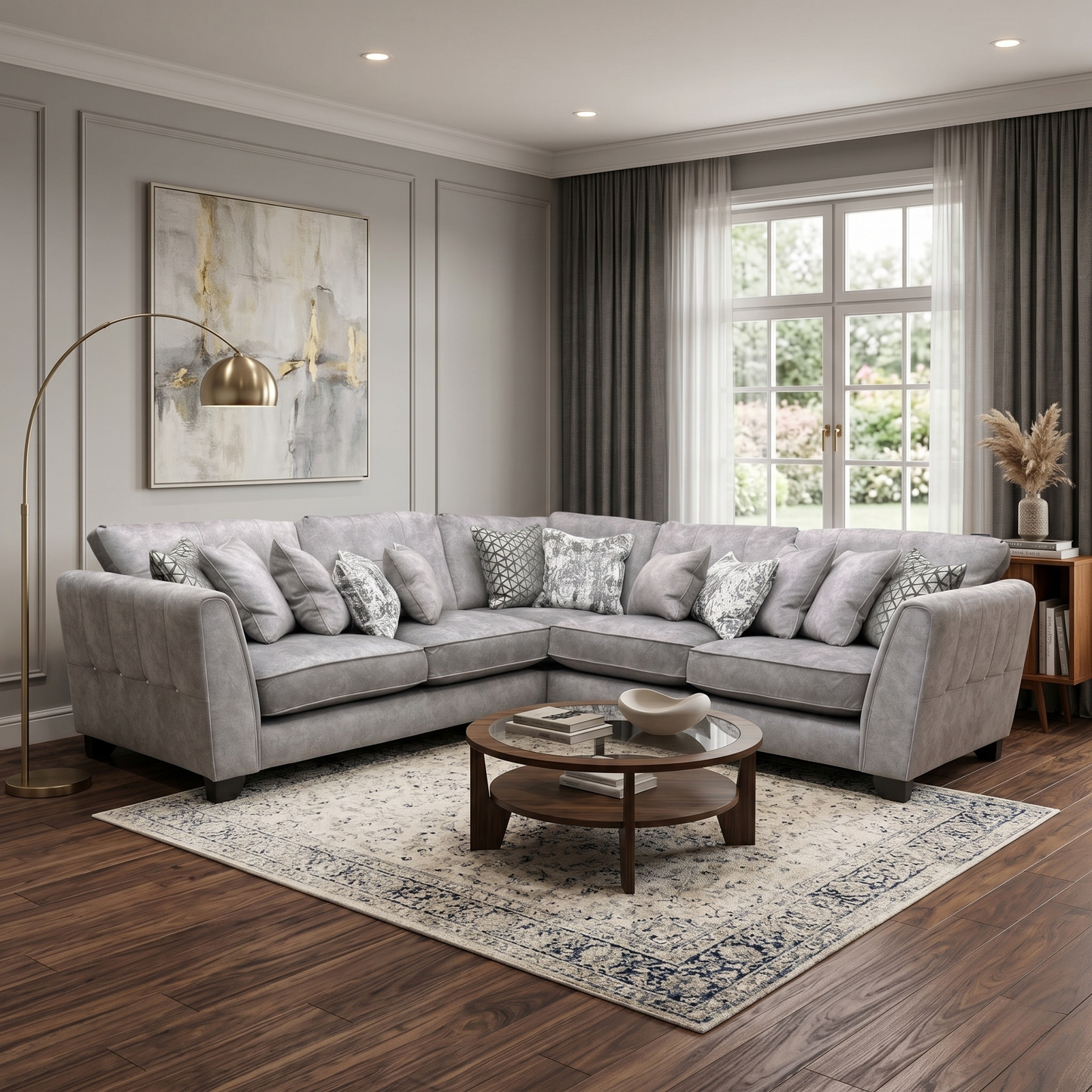 ‘Mariah’ Dapple Silver-Tri Chrome Velvet Large Classic Back Corner Sofa