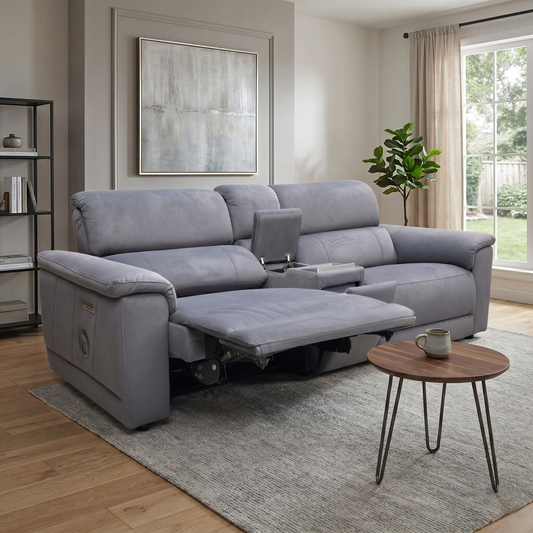 'Genius’ Bella Iron Grey 43460 Velvet 3 Seater Power Recliner Media Sofa with Power Headrest, Power Lumbar and Heated Seats