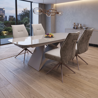 ‘Mirage’ Ceramic Top 180cm Large Pop Up Extending Dining Table with Neutral Fabric Swivel Dining Armless Chairs - Set of 4 Furniture Village
