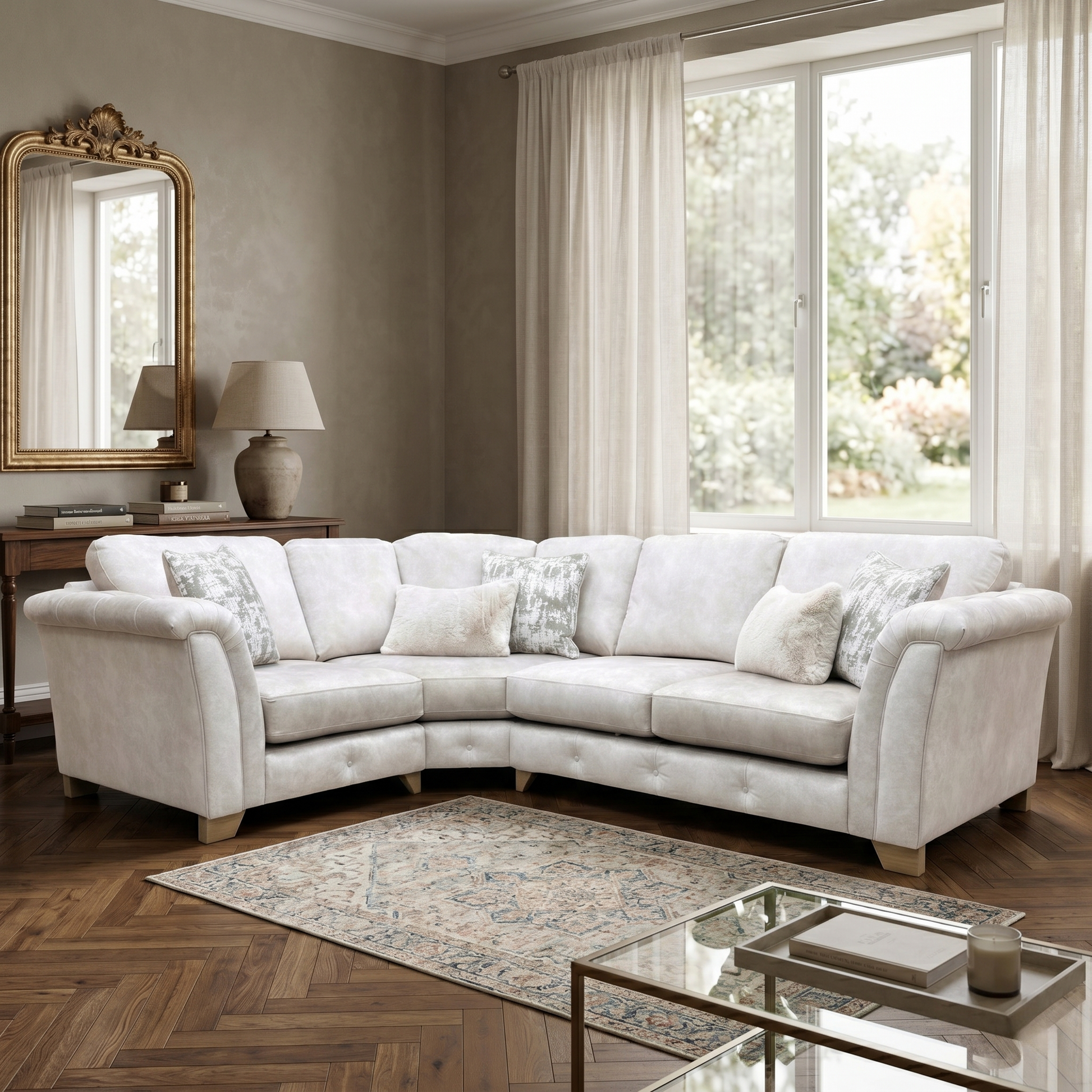 Living room view for the Aura classic back corner sofa, highlighting the luxurious cream velvet upholstery, rolled arms, and deep comfort silhouette.