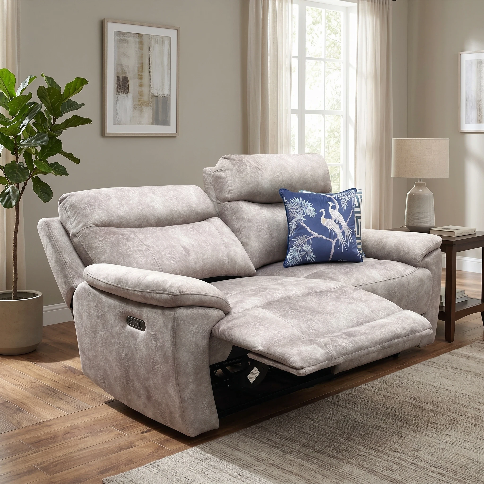 Living room view of the ‘Sloane’ 3-seater sofa with outer seats fully extended, emphasizing the plush padded footrests, supportive bucket seating, and expansive lounging layout.