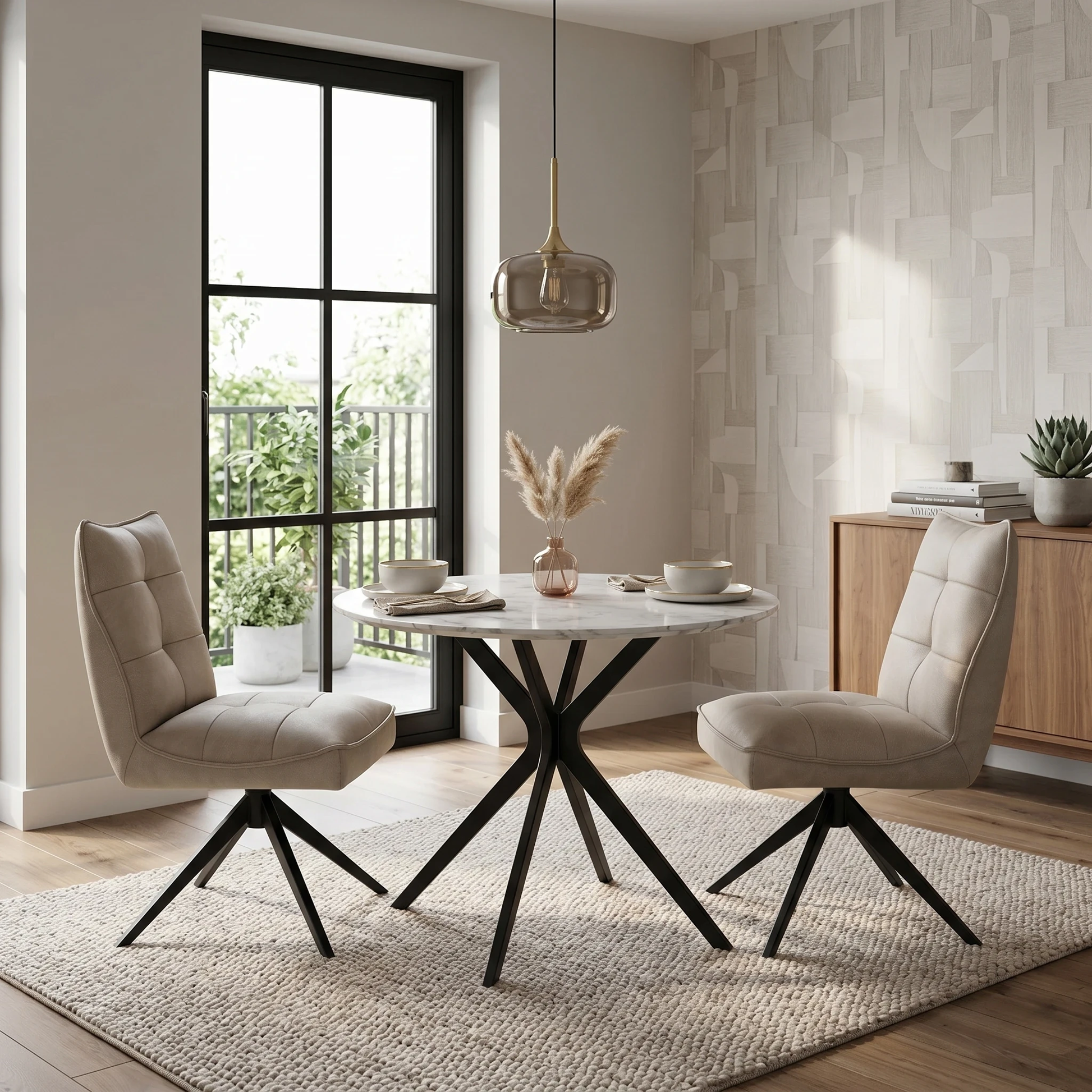Dining room view for the ‘Germain’ Taupe faux leather dining chairs, highlighting the pair configuration, smooth 180-degree swivel return function, and modern industrial style.