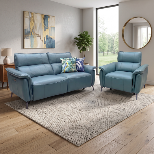 ‘Jude’ Oslo Peacock Green Cat-40_09 Leather 3 Seater Sofa & Power Recliner Chair Set with Power Headrest, Lumbar & Heated Seats