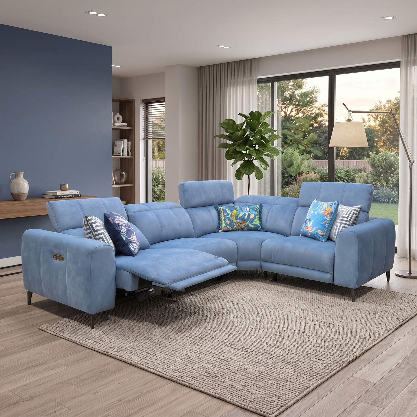 ‘Ezra’ Dexter 43525 Wave Blue Fabric Power Recliner Corner Sofa with Power Headrest Furniture Village