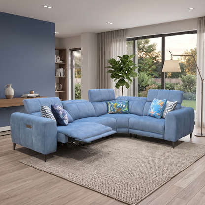 ‘Ezra’ Dexter 43525 Wave Blue Fabric Power Recliner Corner Sofa with Power Headrest Furniture Village