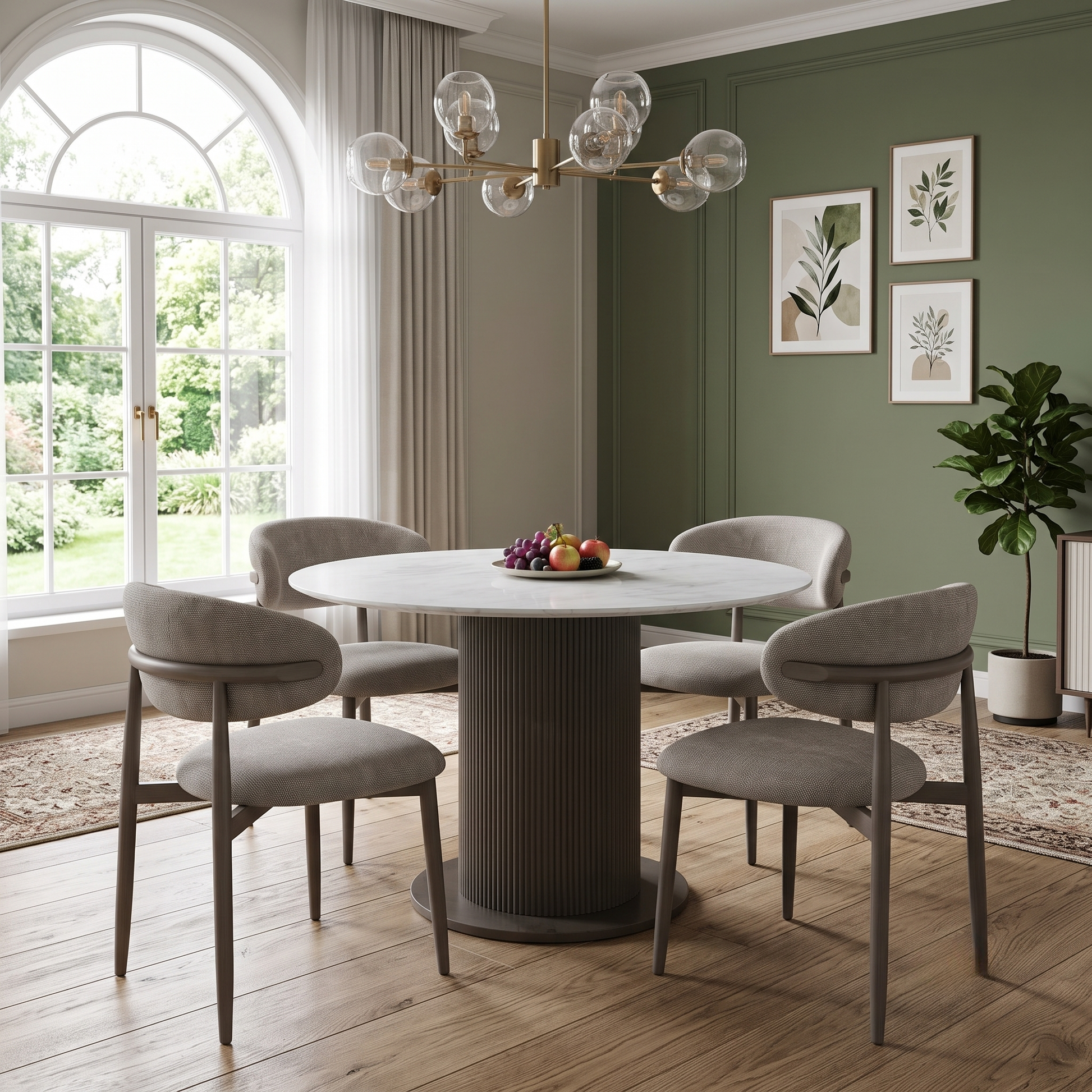 ‘Aimar’ White Ceramic Top 115cm Round Dining Table with Oatmeal Fabric Open Back Dining Chairs - Set of 4 Furniture Village