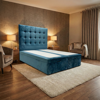 Sleep Story Memory Hybrid End Ottoman Divan Set + ‘Dice’ Floor Standing Headboard in Plush Atlantic Velvet - King