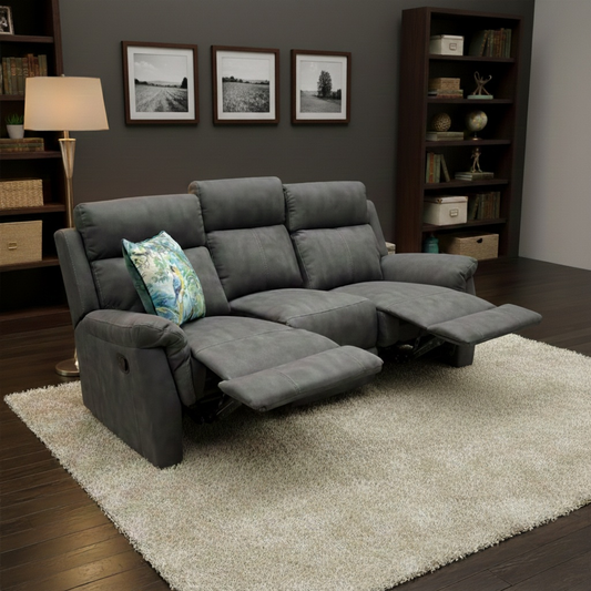 ‘Oscar’ Charcoal Soft Leather Manual Recliner 3 Seater Sofa