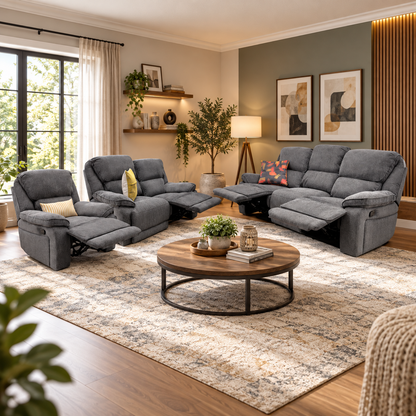 'Costa' Charcoal Grey Weave Fabric Manual Recliner Sofa Set – 3 Seater with Cupholders & Storage + 2 Seater & Armchair