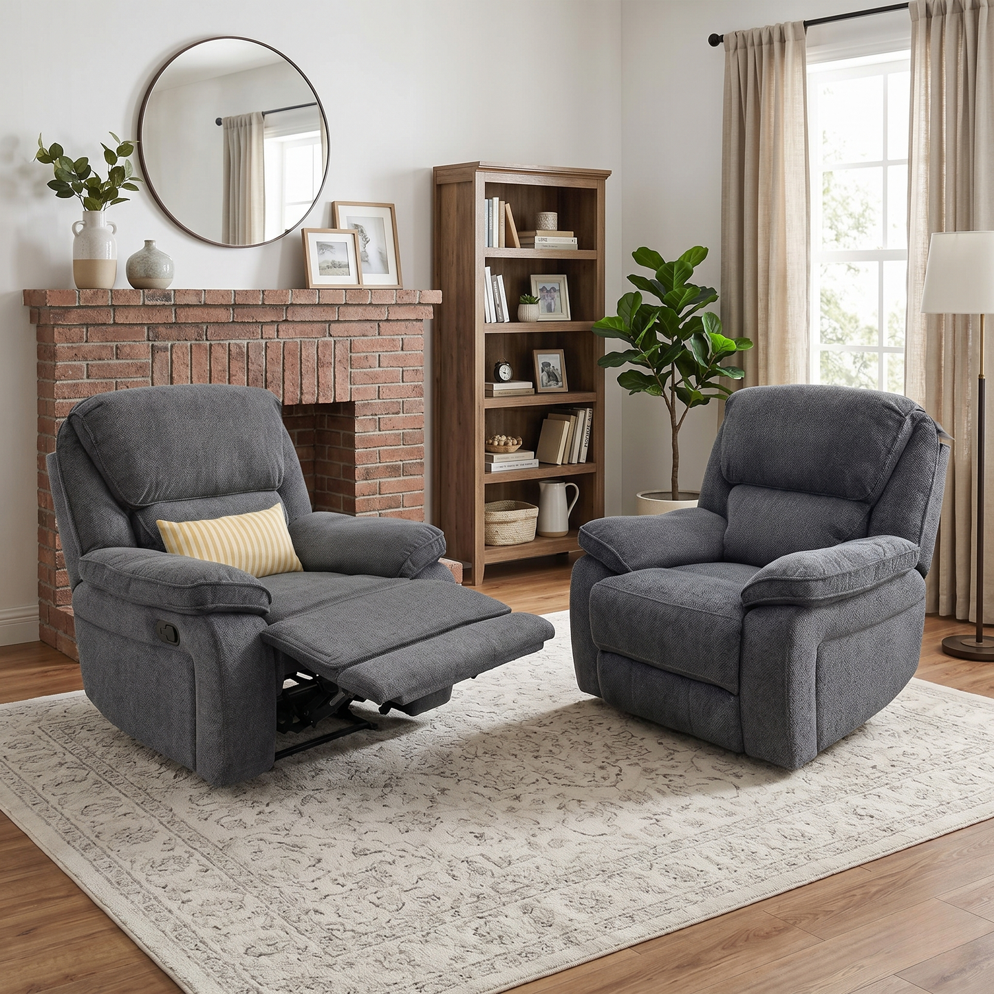 'Costa' Manual Recliner Charcoal Grey Weave Fabric Armchair - Set of 2