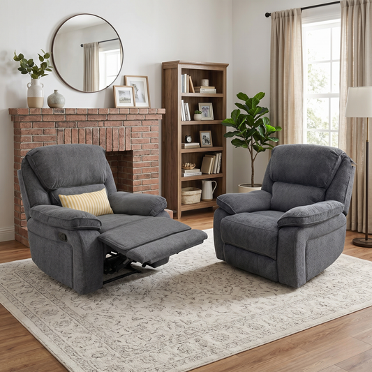 'Costa' Manual Recliner Charcoal Grey Weave Fabric Armchair - Set of 2, styled in a lifestyle room setting
