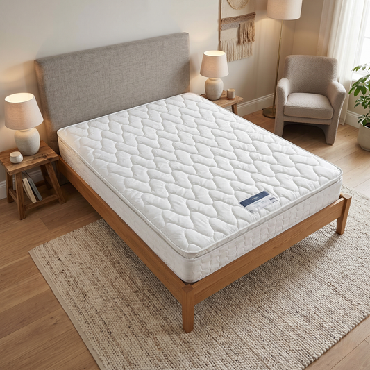 Bed room of the vertical stitched handles on the grey fabric border, designed to assist with rotating the mattress.