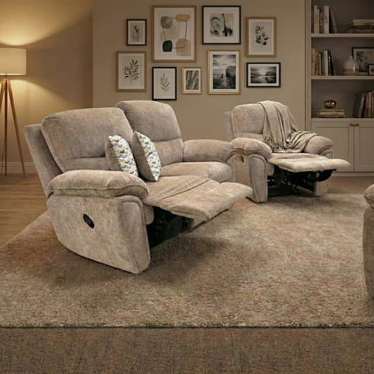 ‘Melody’ Oatmeal Fabric 2 Seater Manual Recliner Sofa + Recliner Armchair
