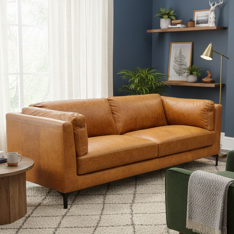 ‘Szymon’ Desert Tan Leather 4 Seater Sofa