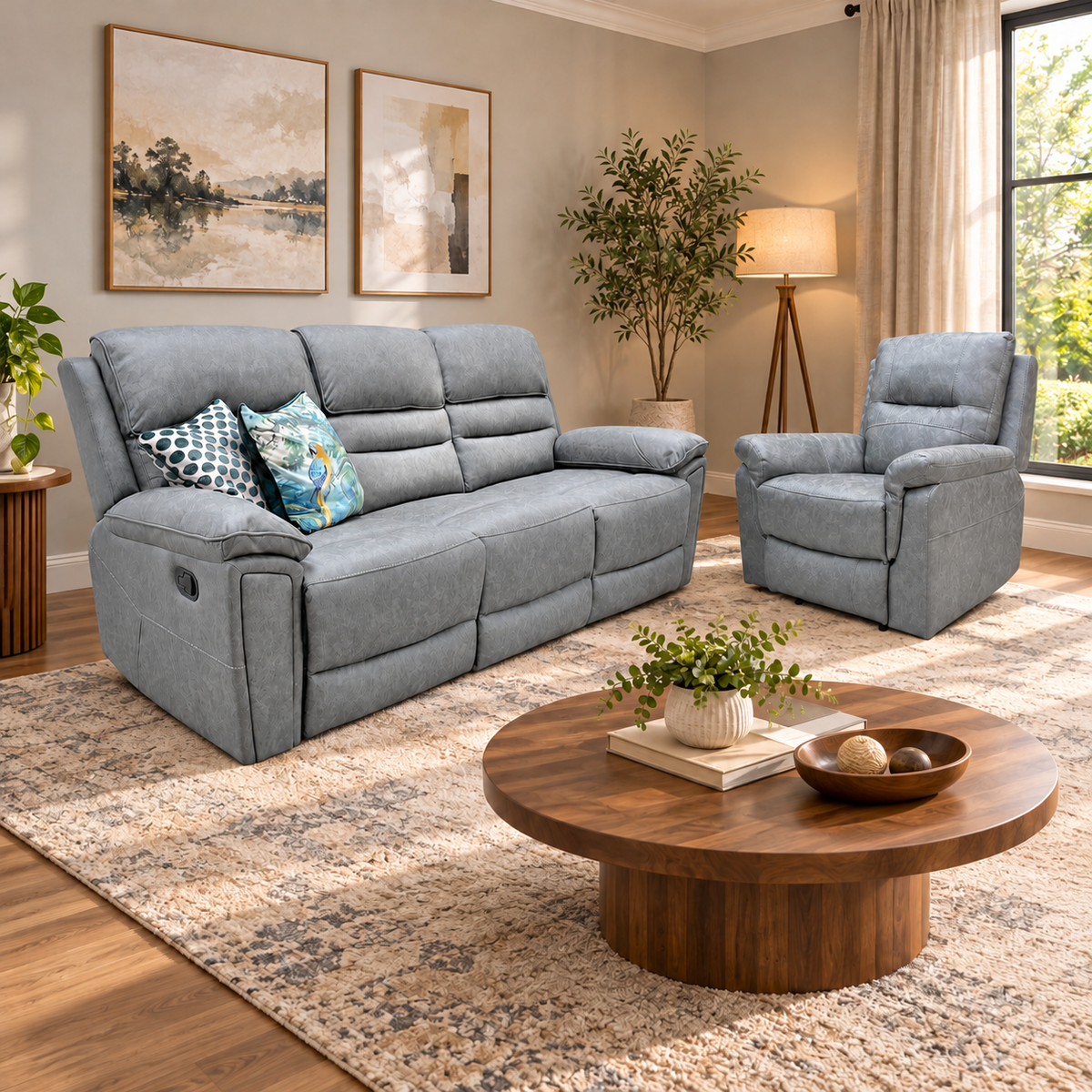Azzurri grey fabric recliner 3 seater sofa and armchair in a living room with a round wooden coffee table and rug