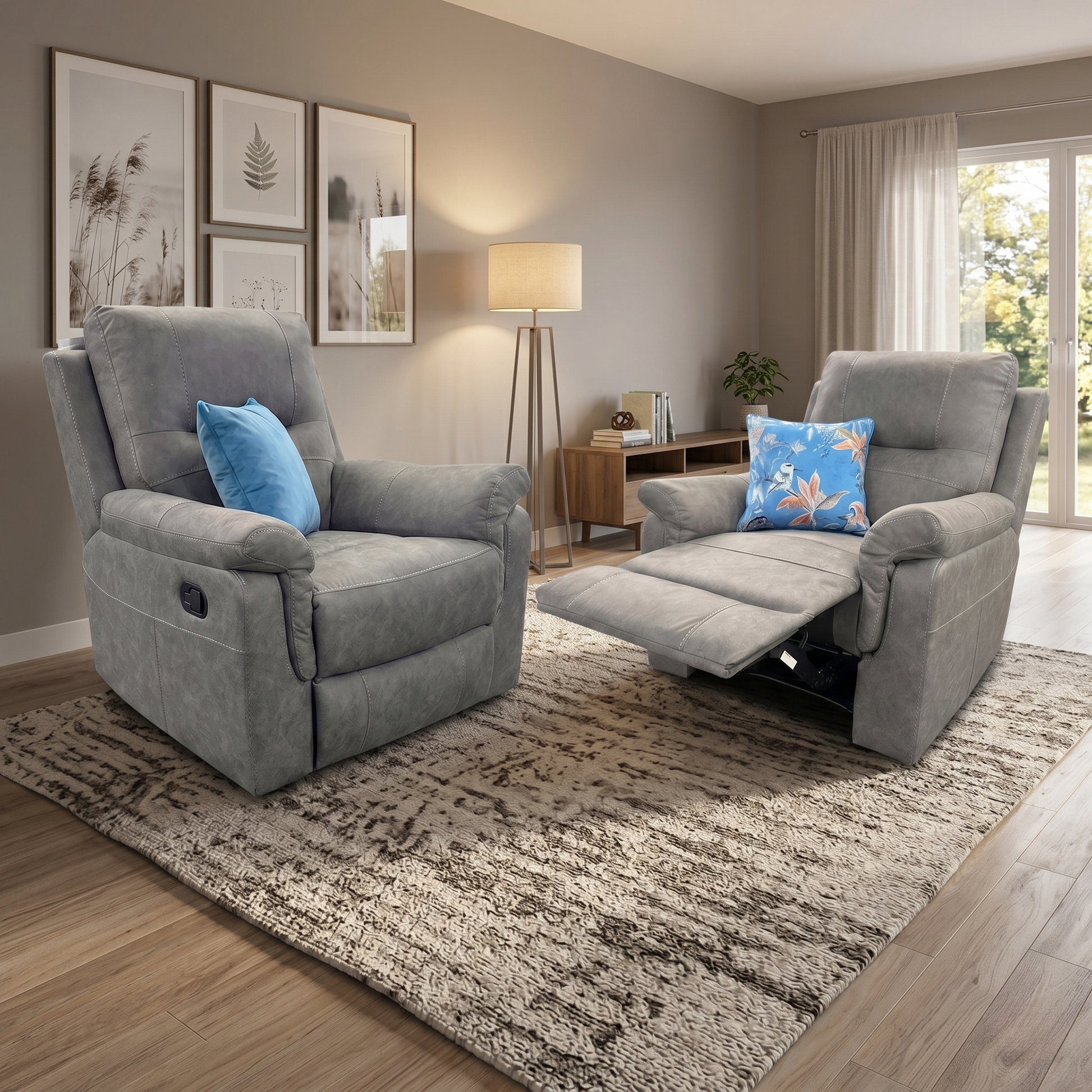'Ranger' Grey Endurance Fabric Manual Recliner Armchairs - Set of 2, styled in a lifestyle room setting