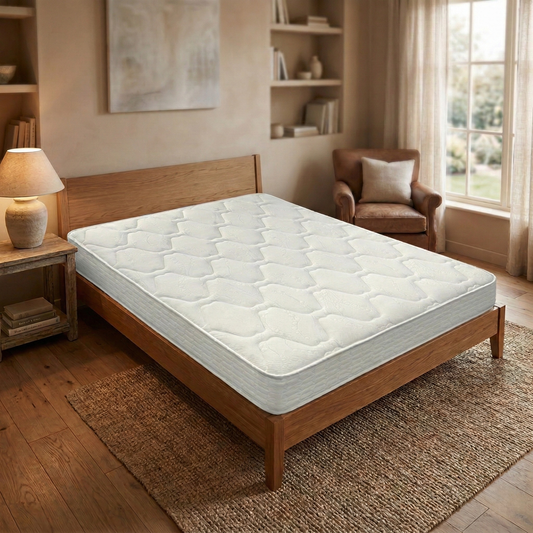 bedroom view of  the Garda medium-firm mattress showcased on a contemporary bed frame in a modern bedroom setting.