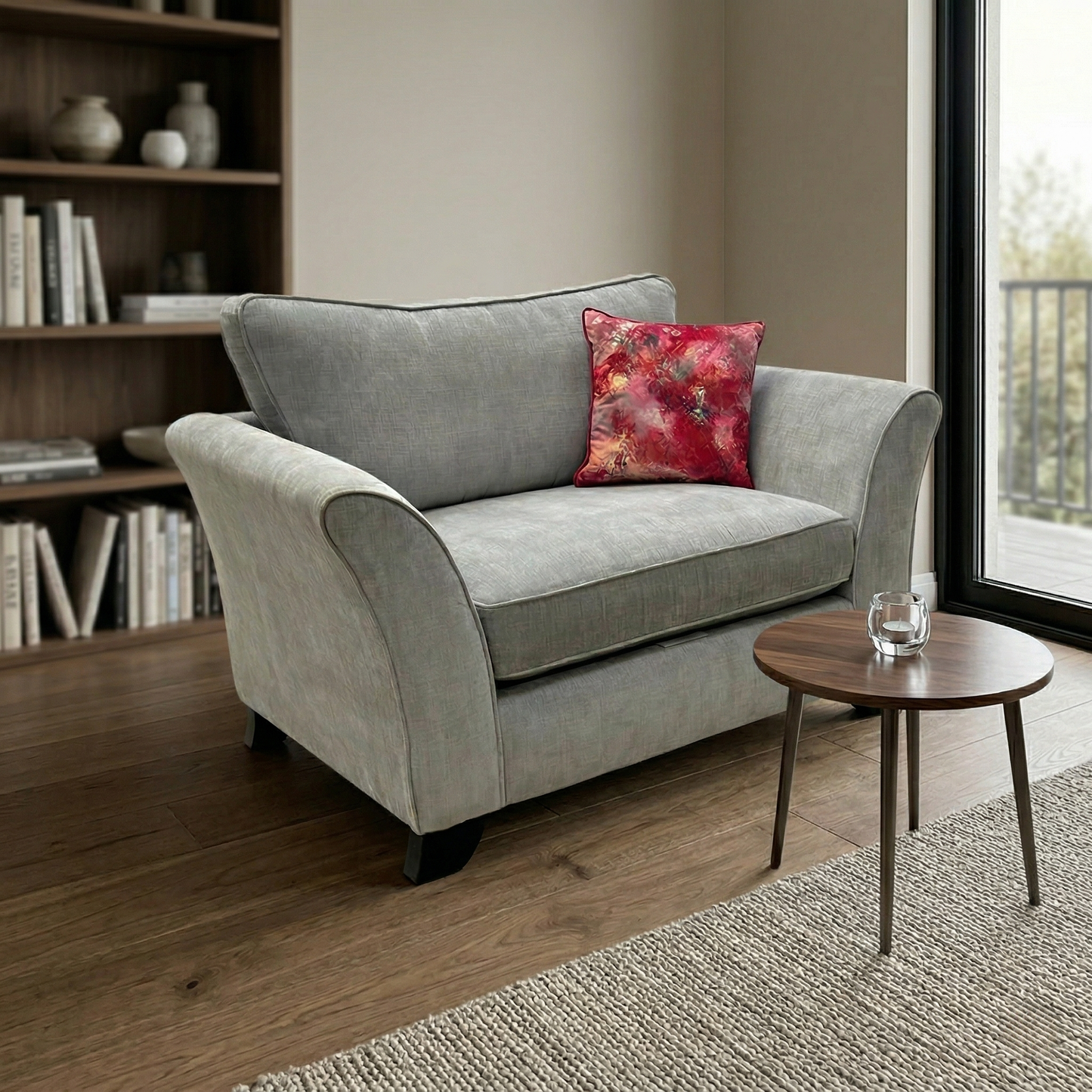 Living room view for the Sasha snugger, highlighting the luxurious velour upholstery, spacious single-seater design, and cozy deep-filled cushions.