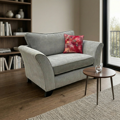Living room view for the Sasha snugger, highlighting the luxurious velour upholstery, spacious single-seater design, and cozy deep-filled cushions.