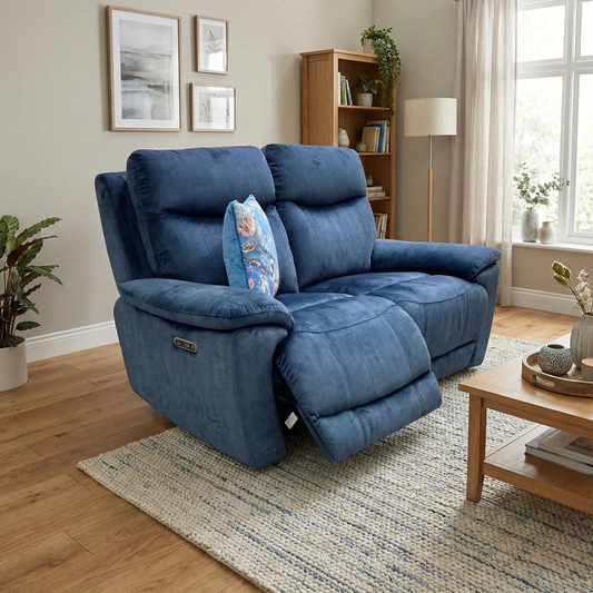 Living Room view of the airforce blue 2-seater sofa, highlighting the rich velvet texture and traditional silhouette.