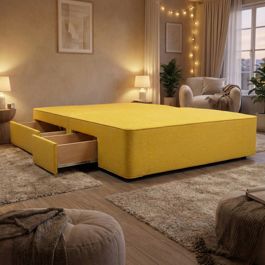 Living room of the built-in storage drawers being pulled out from the side of the mustard divan base.