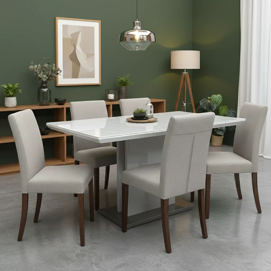 Living Room view of the ceramic tabletop, highlighting the elegant grey marble pattern and high-gloss finish.
