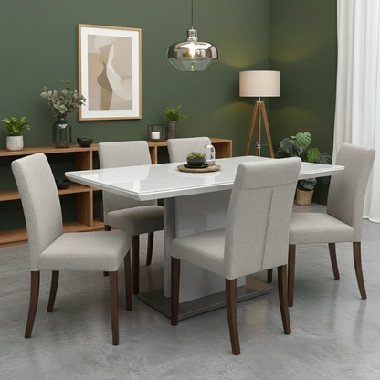 Living Room view of the ceramic tabletop, highlighting the elegant grey marble pattern and high-gloss finish.