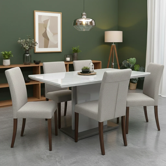 Living Room view of the ceramic tabletop, highlighting the elegant grey marble pattern and high-gloss finish.