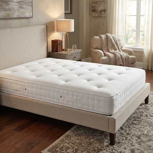 Bed room of the mattress border, showcasing the vertical stitched handles and the "The Natural One" branding embroidery.