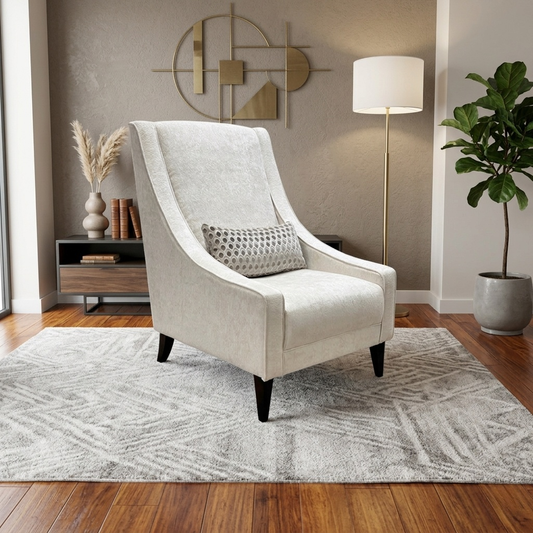 Living room view of setting of the Melody pearl chenille chair in a modern room.