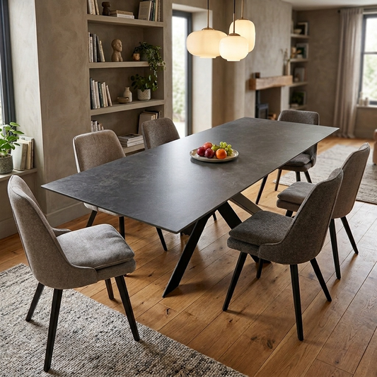 Dining room view of the Warrior grey dining table in a modern dining room setting.