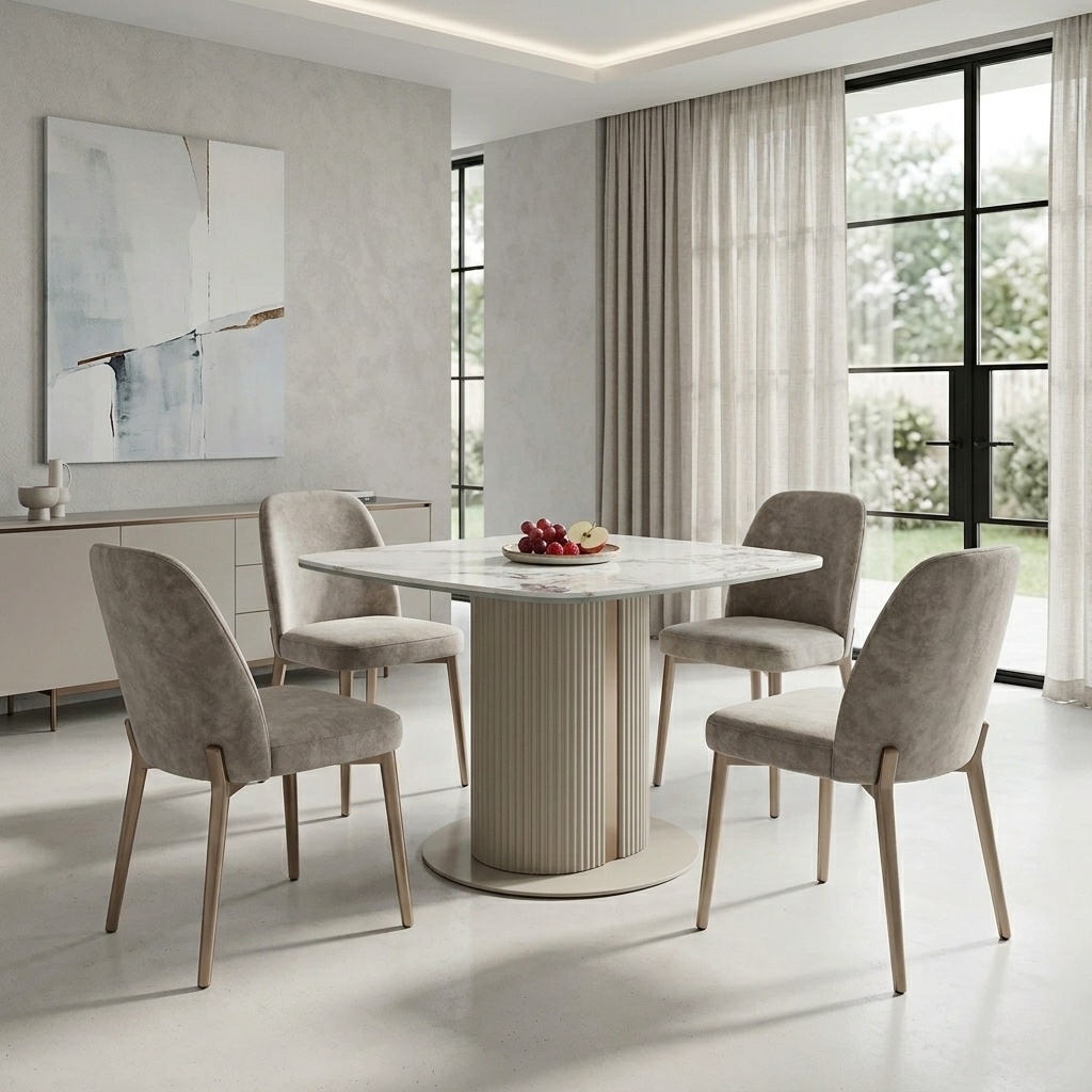 Dining room view for the Avorio lamp table, highlighting the durable, scratch-resistant ceramic surface bonded to glass for a sleek, high-end finish.