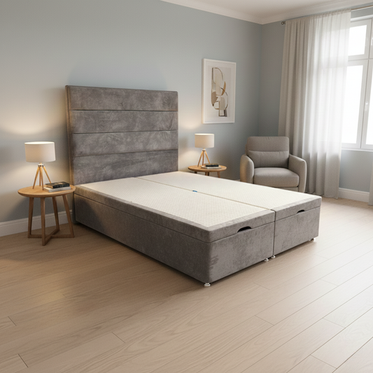 'Pisces' Lace Dolphin Velvet Floor Standing Headboard + Double Ottoman End Lift Base - Double