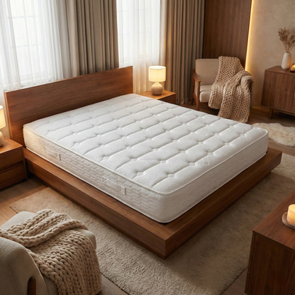 Living Room view of the mattress, showcasing its 30cm depth and the premium side-stitching for edge-to-edge support.