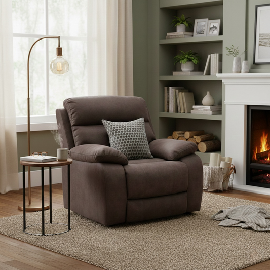 Living room view image showing the Moreno grey armchair in a modern living room setting, paired with contemporary decor.