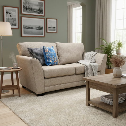 'Poppy' Beige Tight Weave Fabric Large 2 Seater Sofa Bed