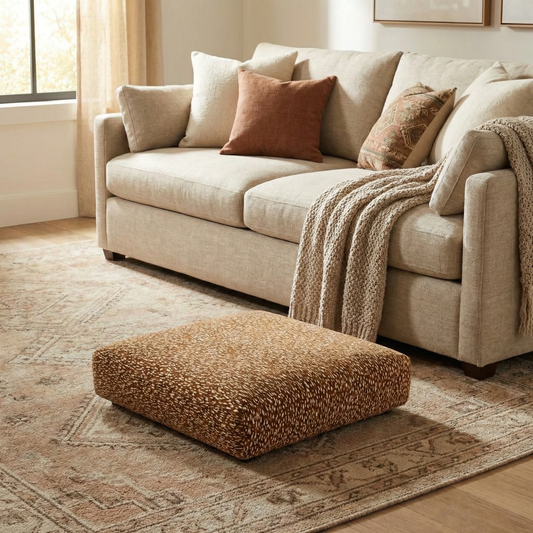 living room shot of the ‘Valentina’ stool, highlighting its low-profile design and wide seating surface.