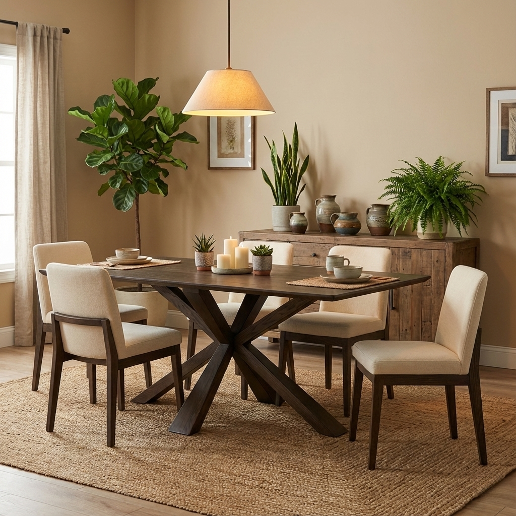 'Saigon' Dark Oak Veneer Wood Fixed Dining Table with Wooden Base