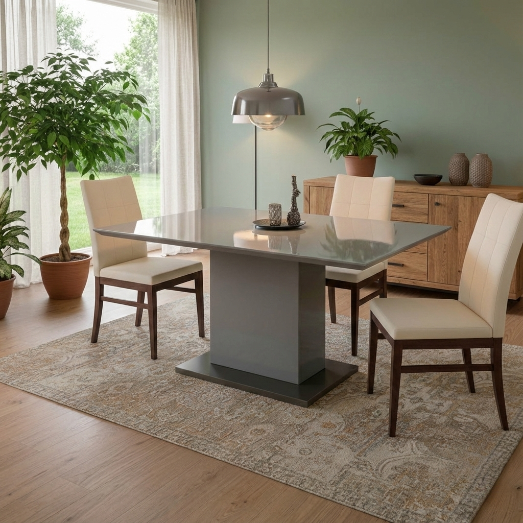 'Grigio' Glossy Marble-effect Fixed Dining Table