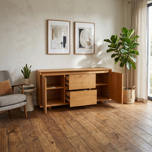 Living room view for the Aydin oak veneer sideboard, highlighting its versatile storage options, durable construction, and sleek, handleless modern aesthetic.